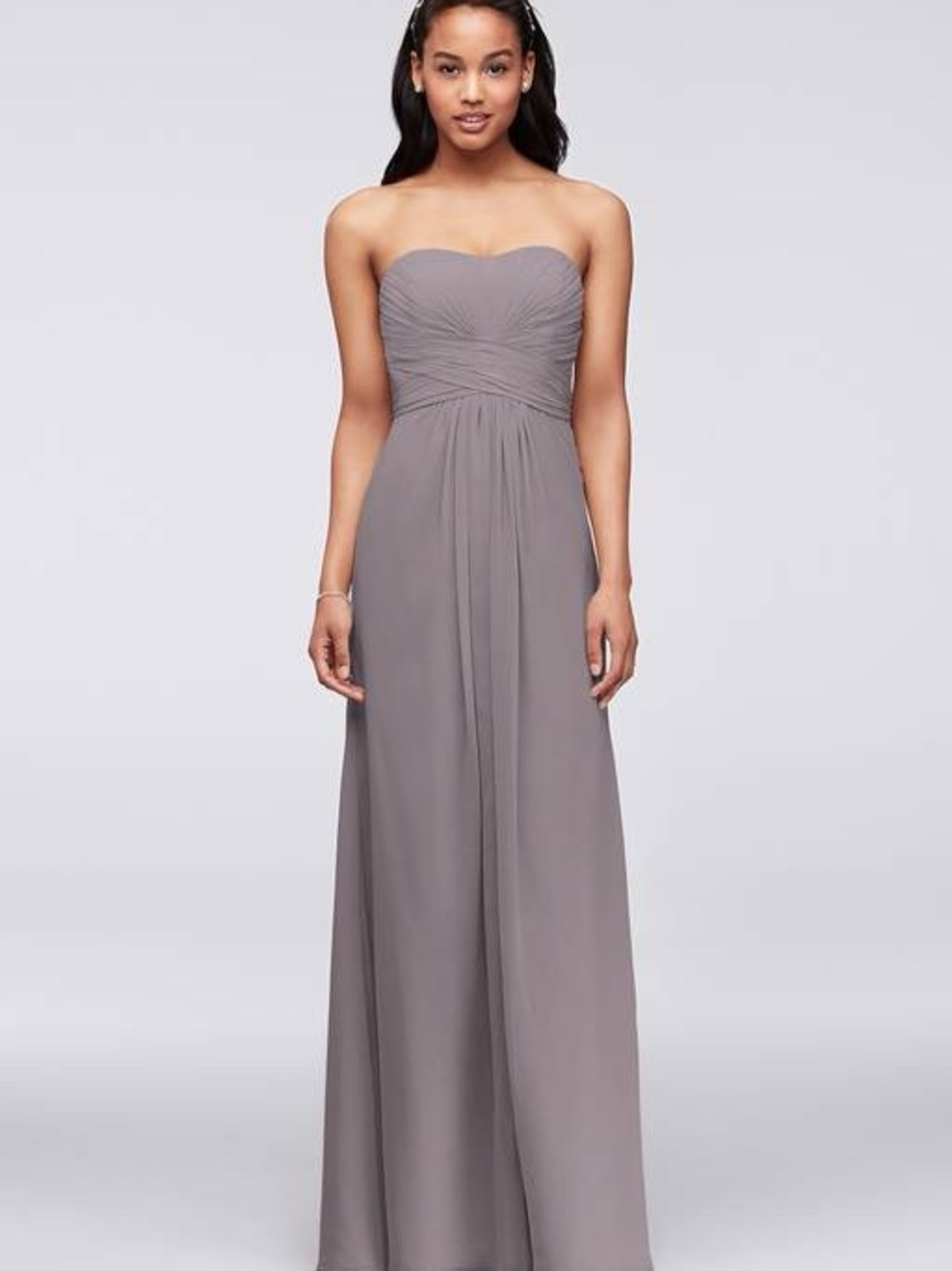 David's Bridal Strapless Ruched Chiffon Gown - Gray with Pleated Bodice